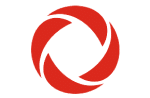 A red and white logo with a circle in the middle.